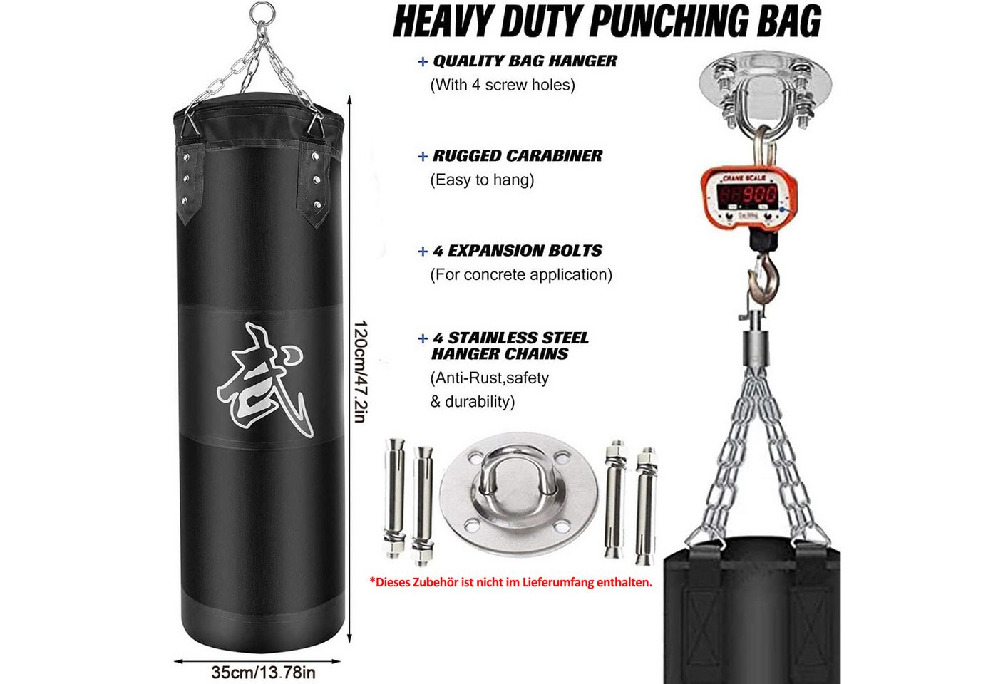 MOPUEA Boxsack Boxsack Sports Boxsack großer Profi Stahlkette Sandsack schwarz 120cm (Hängender Boxsack Set Ungefüllt für Erwachsene Jugend Training), für MMA Muay Thai Karate Taekwondo Training, Oxford-Tuch Bild 4