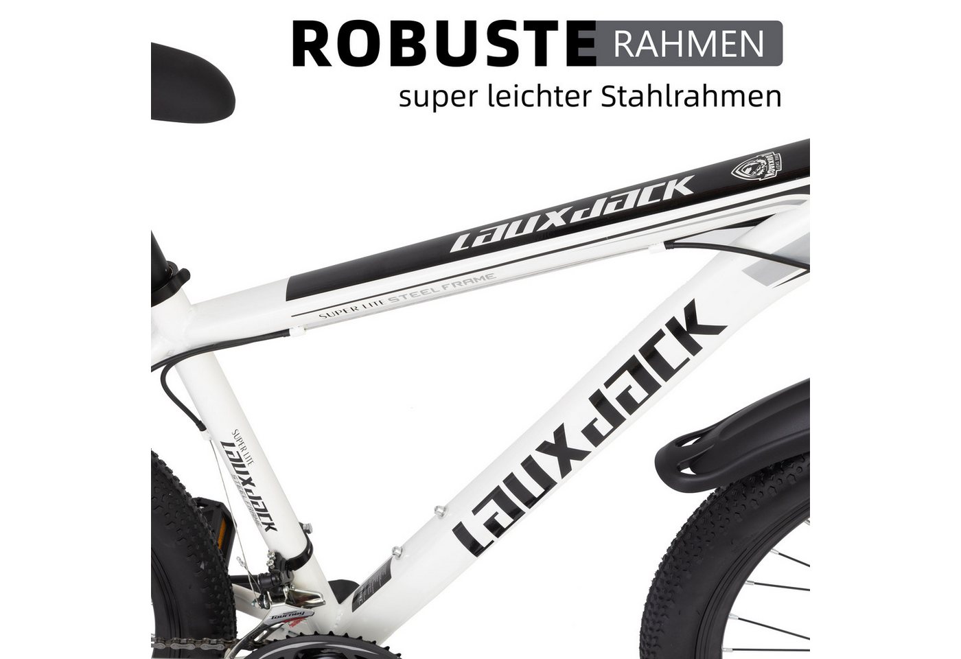 Lauxjack Mountainbike 26 Zoll, MTB, Herrenrad, Shimano 21-Gang, Federgabel, Scheibenbremse, 21 Gang Shimano Tourney RD-TY300/200 Schaltwerk, Kettenschaltung, (Set), Fahrrad, Tour, Gelände, Alltag, robust, Offroad-Look