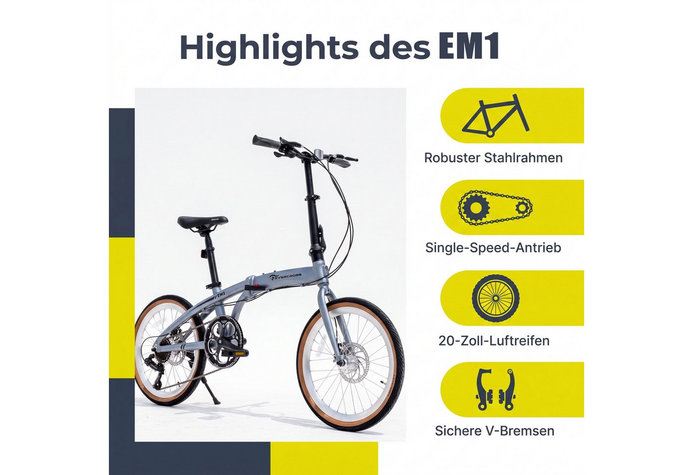 EVERCROSS TECH Faltrad EM1 20 Zoll, sekundenschnell faltbares Fahrrad, Aluminiumrahmen, 7 Gang, 7 Gang, Scheibenbremse, Max 100 kg Klapprad für Damen & Herren
