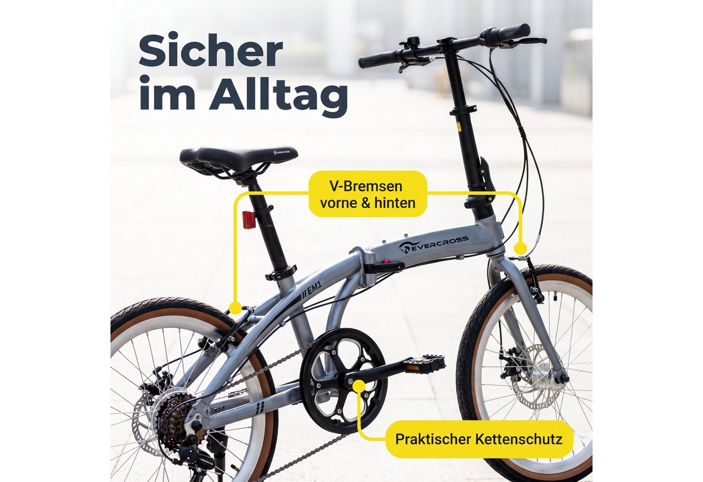 EVERCROSS TECH Faltrad EM1 20 Zoll, sekundenschnell faltbares Fahrrad, Aluminiumrahmen, 7 Gang, 7 Gang, Scheibenbremse, Max 100 kg Klapprad für Damen & Herren Bild 2