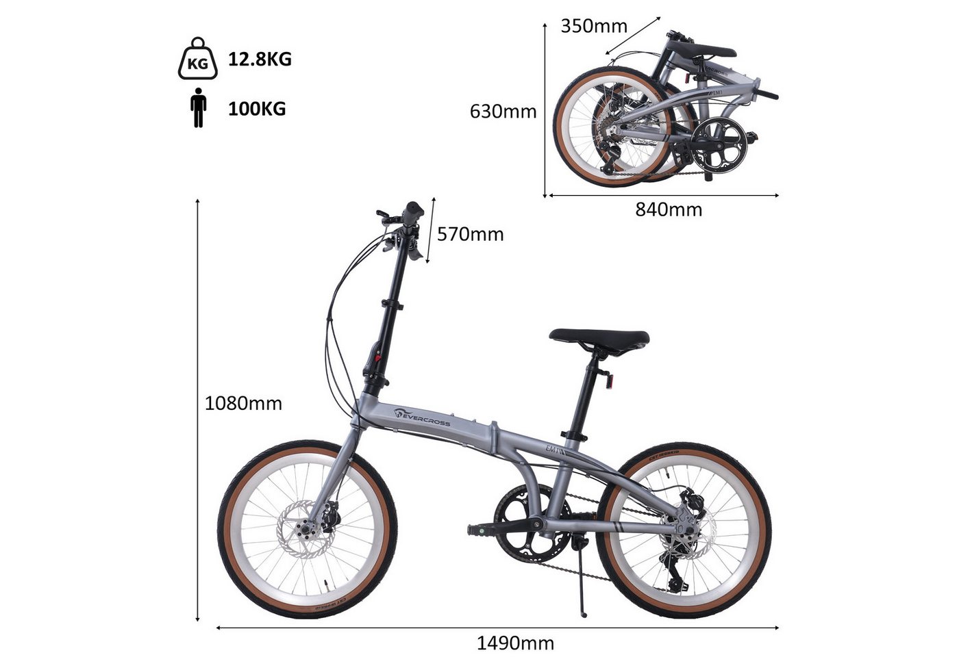 EVERCROSS TECH Faltrad EM1 20 Zoll, sekundenschnell faltbares Fahrrad, Aluminiumrahmen, 7 Gang, 7 Gang, Scheibenbremse, Max 100 kg Klapprad für Damen & Herren Bild 5