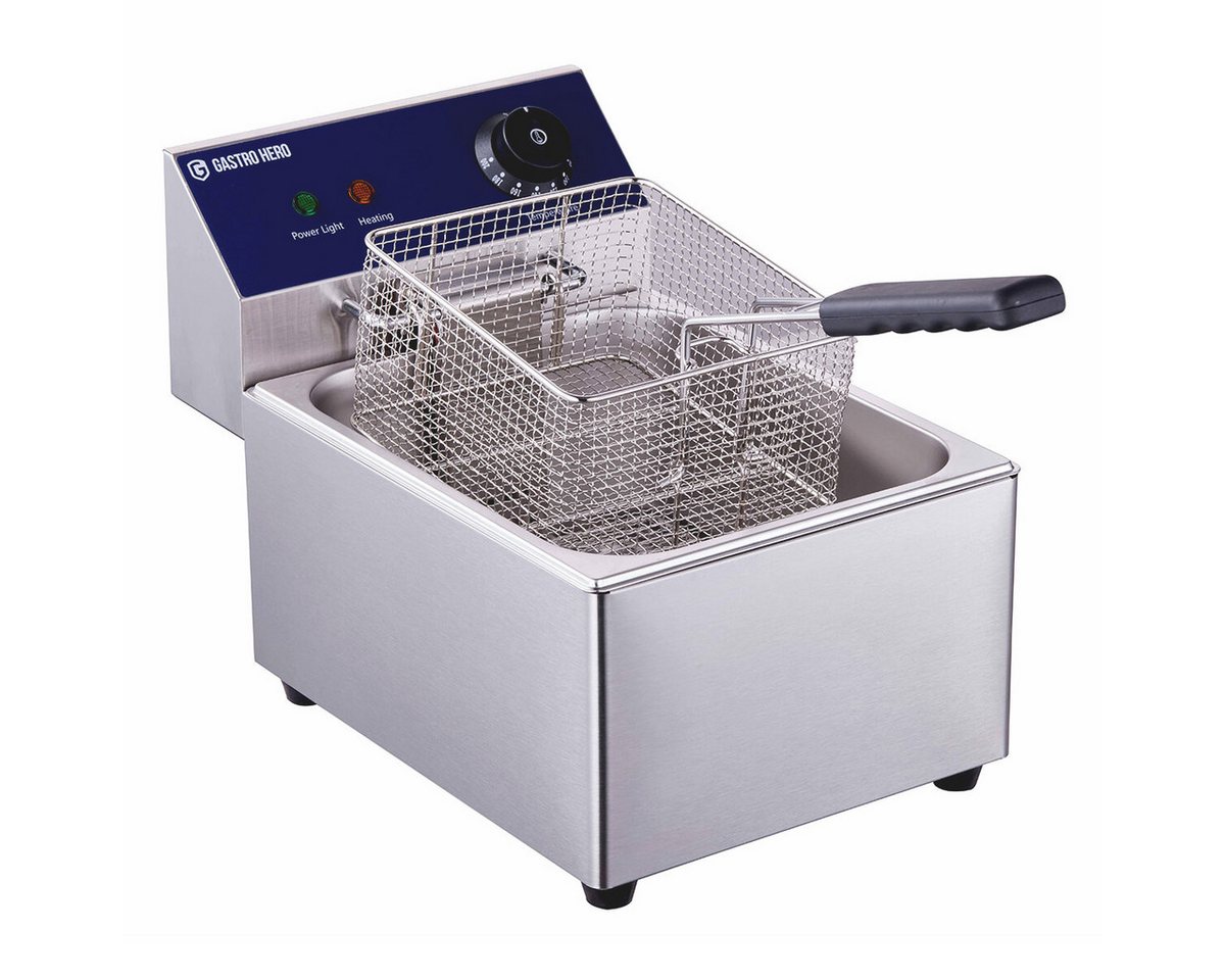 GastroHero Fritteuse Elektro Fritteuse ECO 6 Liter Edelstahl Tischfritteuse, 2500 W, Sicherheitsthermostat, Ölablasssystem, abnehmbare Reinigungsteile