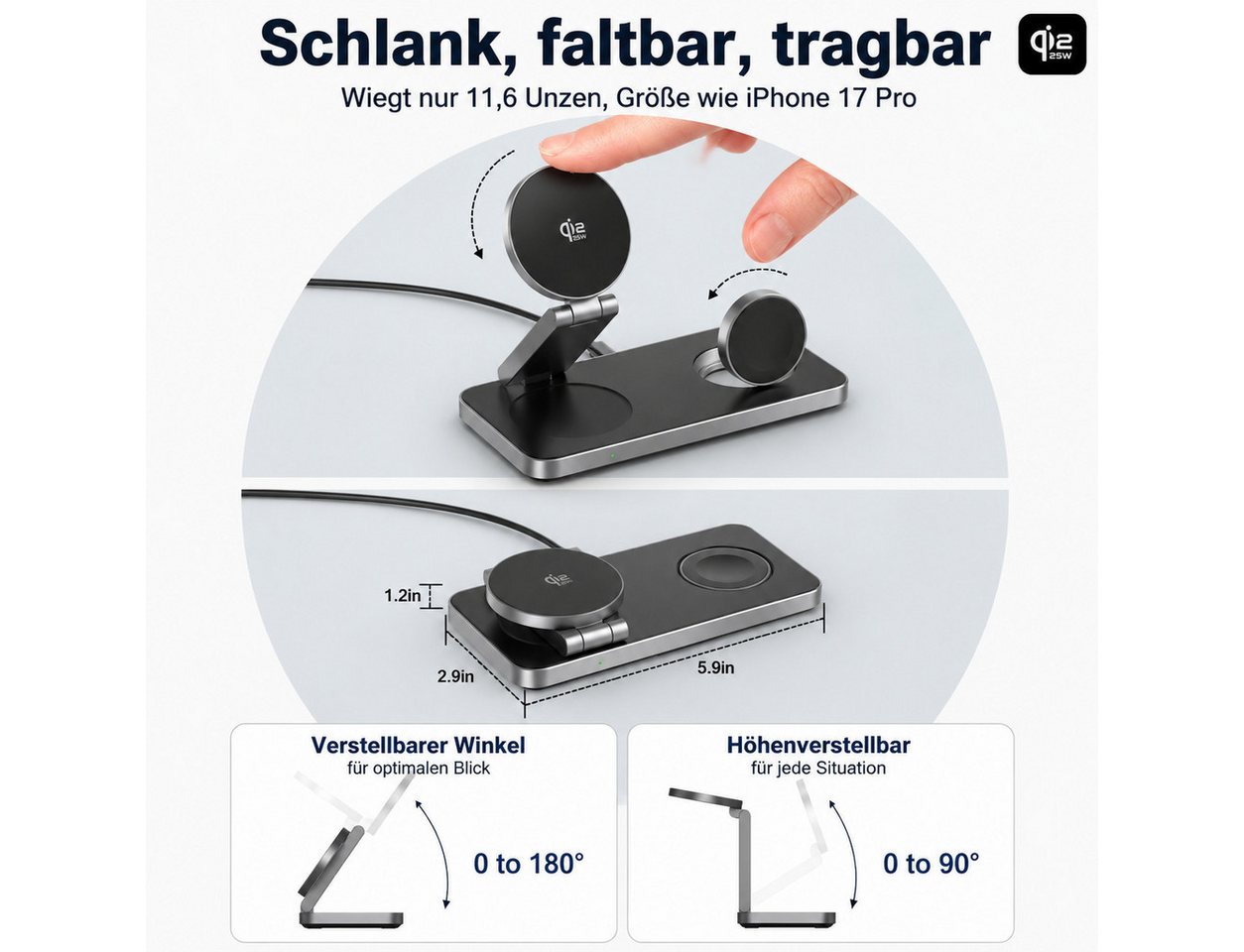 Toomoke Faltbare Qi2 25W 3-in-1 MagSafe Ladestation mit 35W Netzteil Induktions-Ladegerät (Verfügbar für iPhone 17/16/15/14/13/12 Serie, Apple Watch, AirPods, Schnelles Kabelloses Ladegerät Handy Ständer handyhalterung) Bild 2