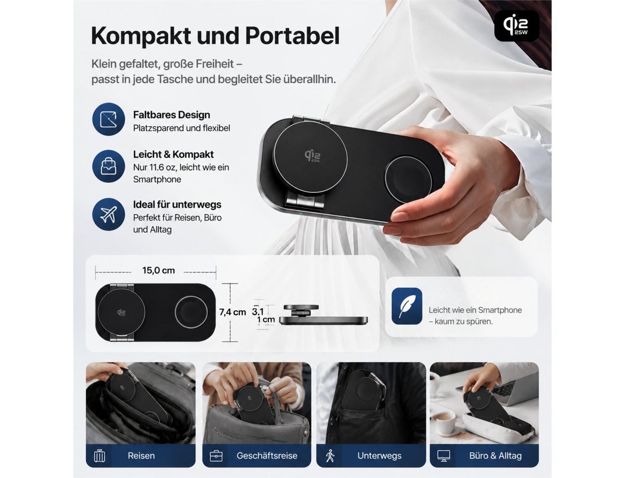 Toomoke Faltbare Qi2 25W 3-in-1 MagSafe Ladestation mit 35W Netzteil Induktions-Ladegerät (Verfügbar für iPhone 17/16/15/14/13/12 Serie, Apple Watch, AirPods, Schnelles Kabelloses Ladegerät Handy Ständer handyhalterung) Bild 3