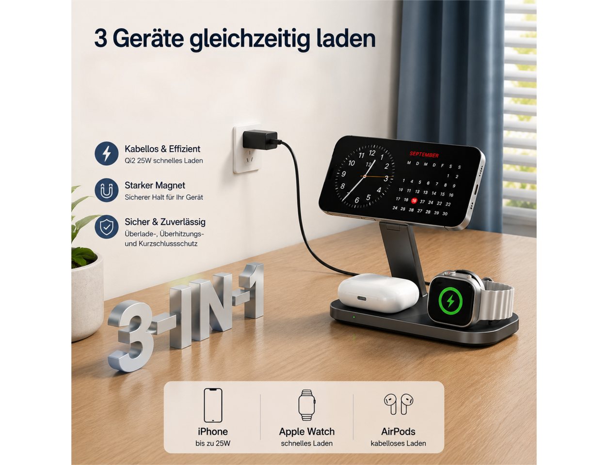 Toomoke Faltbare Qi2 25W 3-in-1 MagSafe Ladestation mit 35W Netzteil Induktions-Ladegerät (Verfügbar für iPhone 17/16/15/14/13/12 Serie, Apple Watch, AirPods, Schnelles Kabelloses Ladegerät Handy Ständer handyhalterung) Bild 5