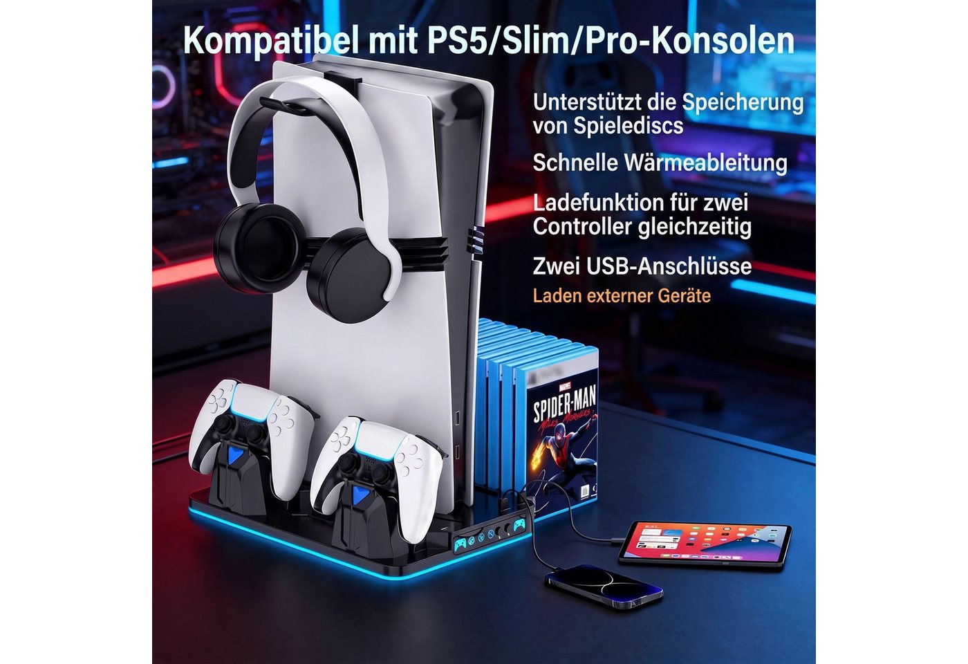 BBG PS5-Kühlständer für PS5, PS5 Slim & PS5 Pro, Digital und Disc-Edition Ladestation (Ladestation mit 2 Controller-Ladeplätze, 8 RGB-Modi, Aufbewahrung für bis zu 14 PS5-Spielehüllen, USB & USB-C)