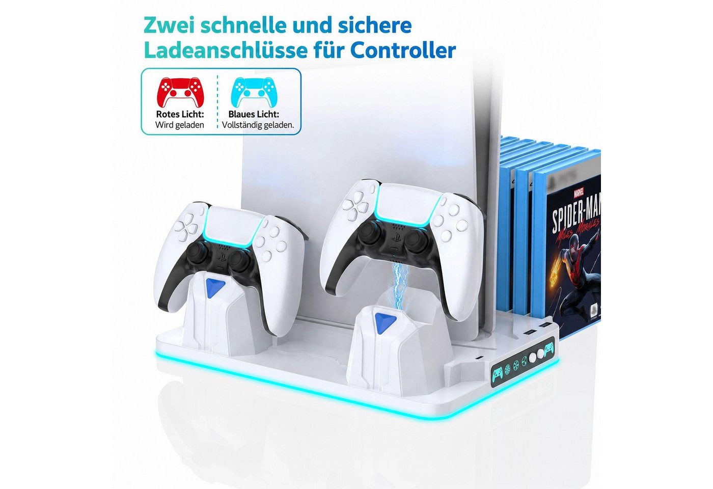 BBG PS5-Kühlständer für PS5, PS5 Slim & PS5 Pro, Digital und Disc-Edition Ladestation (Ladestation mit 2 Controller-Ladeplätze, 8 RGB-Modi, Aufbewahrung für bis zu 14 PS5-Spielehüllen, USB & USB-C) Bild 2