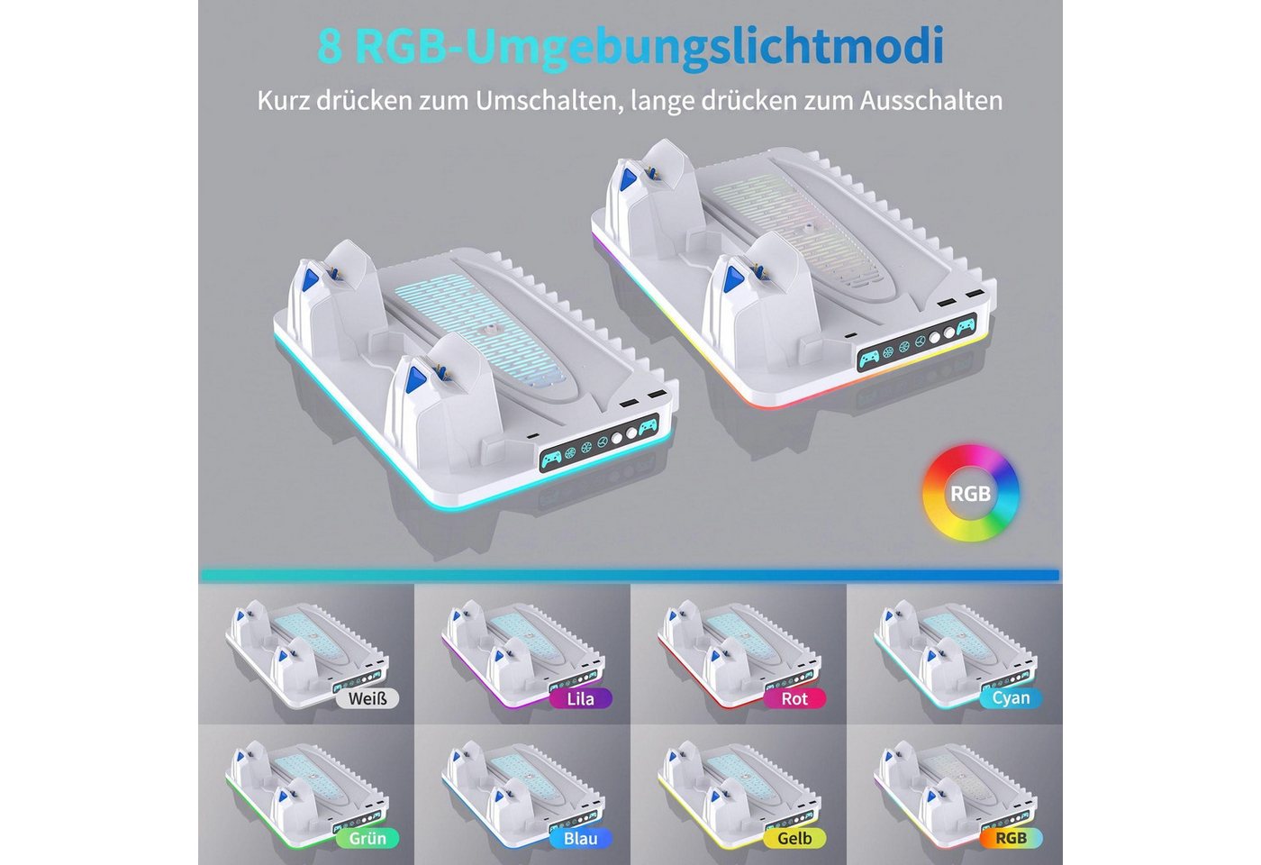 BBG PS5-Kühlständer für PS5, PS5 Slim & PS5 Pro, Digital und Disc-Edition Ladestation (Ladestation mit 2 Controller-Ladeplätze, 8 RGB-Modi, Aufbewahrung für bis zu 14 PS5-Spielehüllen, USB & USB-C) Bild 3