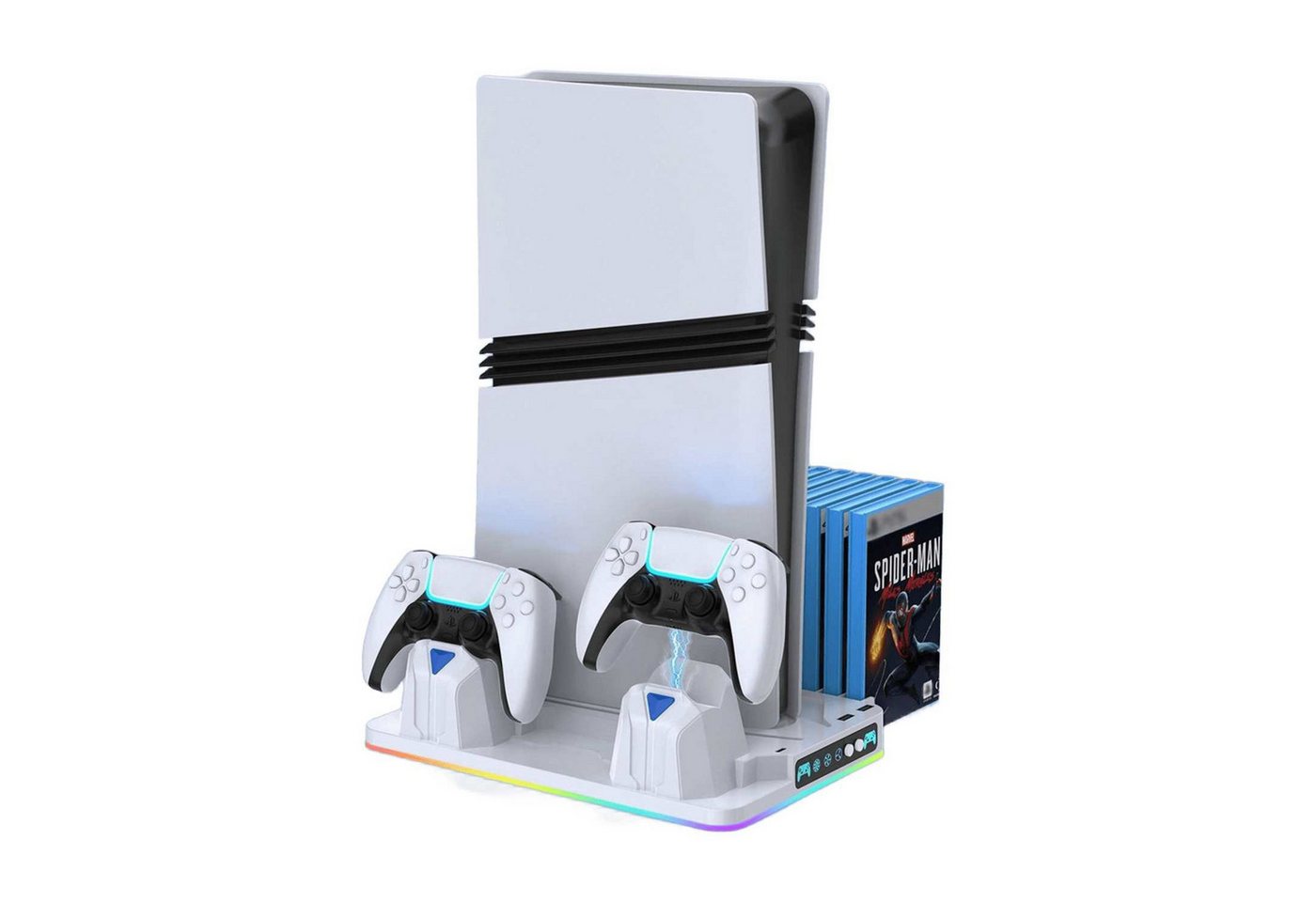 BBG PS5-Kühlständer für PS5, PS5 Slim & PS5 Pro, Digital und Disc-Edition Ladestation (Ladestation mit 2 Controller-Ladeplätze, 8 RGB-Modi, Aufbewahrung für bis zu 14 PS5-Spielehüllen, USB & USB-C) Bild 4