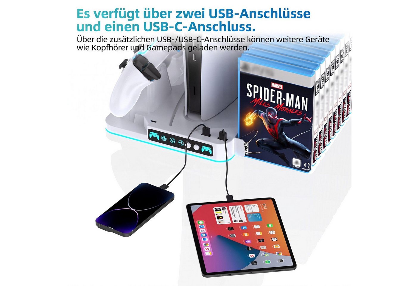 BBG PS5-Kühlständer für PS5, PS5 Slim & PS5 Pro, Digital und Disc-Edition Ladestation (Ladestation mit 2 Controller-Ladeplätze, 8 RGB-Modi, Aufbewahrung für bis zu 14 PS5-Spielehüllen, USB & USB-C) Bild 5