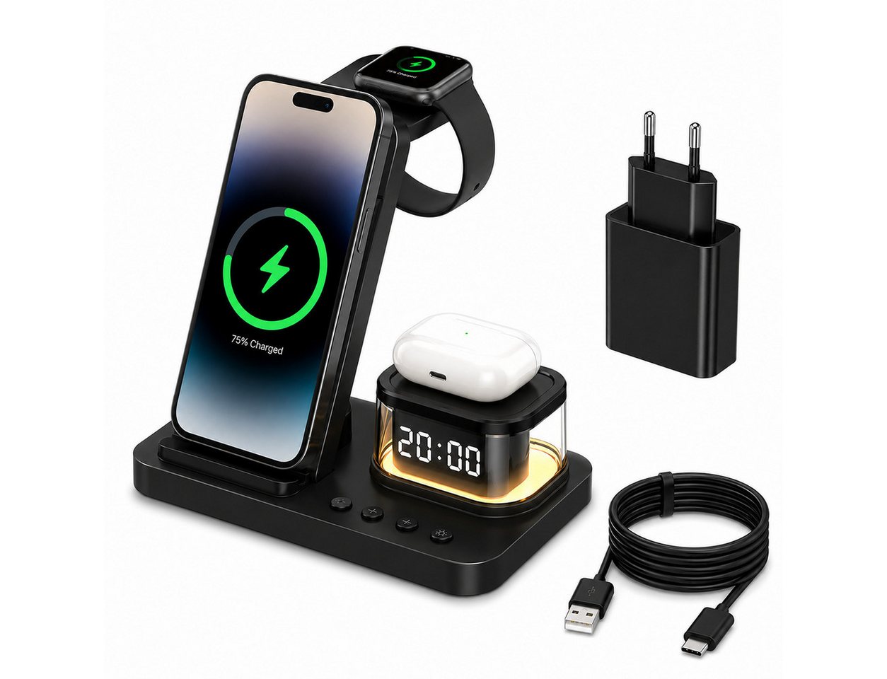 Toomoke Ladegeräte, 5-in-1 Wireless Charger 15W, faltbare induktive Ladestation (für iPhone, Apple Watch & AirPods, LED-Uhr, Nachtlicht, USB-C, inkl. 20W Netzteil)