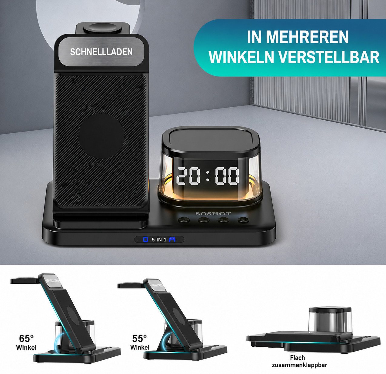 Toomoke Ladegeräte, 5-in-1 Wireless Charger 15W, faltbare induktive Ladestation (für iPhone, Apple Watch & AirPods, LED-Uhr, Nachtlicht, USB-C, inkl. 20W Netzteil) Bild 3