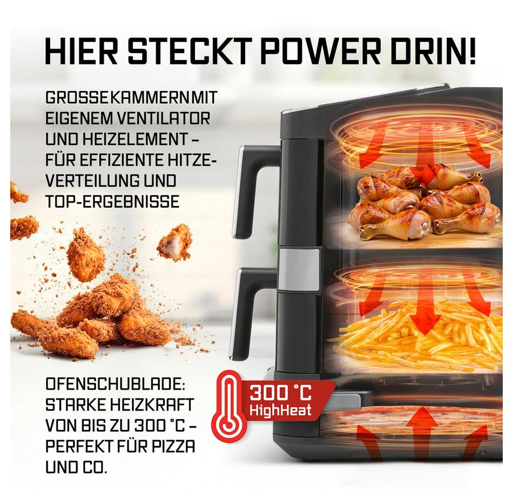 GOURMETmaxx Heißluftfritteuse GOURMETmaxx Heißluft-Fritteuse 2800W schwarz Doppelkorb vertikal 4l + 6l mit Pizzafach, 2800 W, Heissluftfritteuse XXL, ohne Öl, für Fritteusen Pizza etc. Bild 2