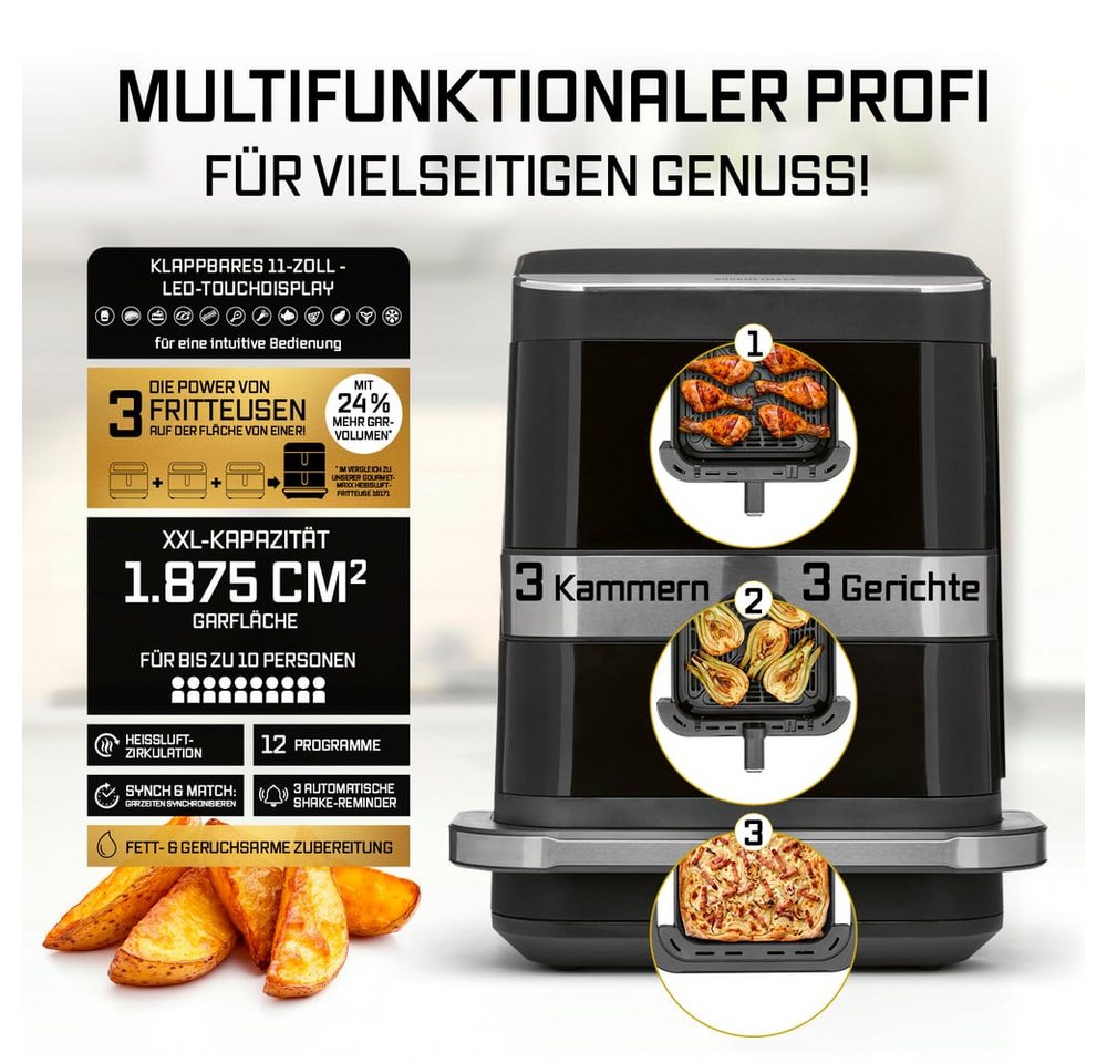 GOURMETmaxx Heißluftfritteuse GOURMETmaxx Heißluft-Fritteuse 2800W schwarz Doppelkorb vertikal 4l + 6l mit Pizzafach, 2800 W, Heissluftfritteuse XXL, ohne Öl, für Fritteusen Pizza etc. Bild 3
