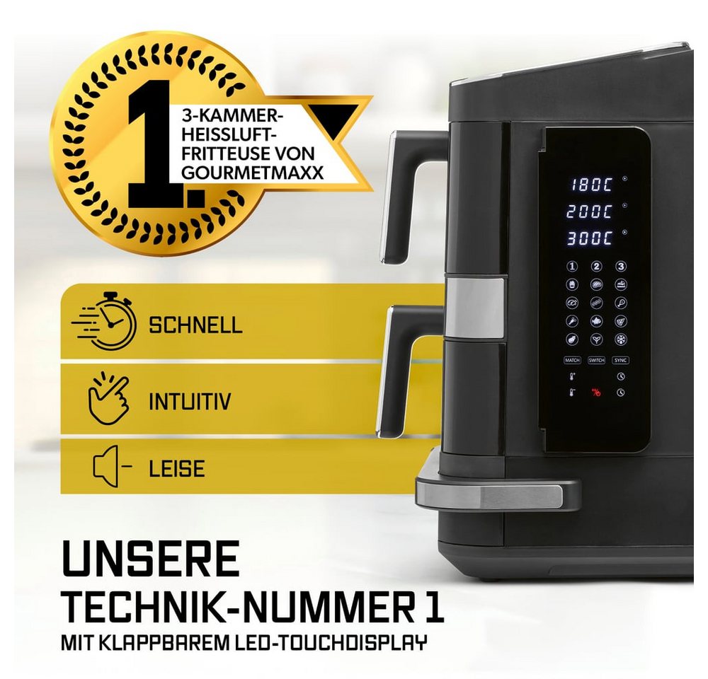 GOURMETmaxx Heißluftfritteuse GOURMETmaxx Heißluft-Fritteuse 2800W schwarz Doppelkorb vertikal 4l + 6l mit Pizzafach, 2800 W, Heissluftfritteuse XXL, ohne Öl, für Fritteusen Pizza etc. Bild 4