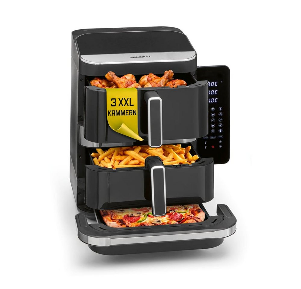 GOURMETmaxx Heißluftfritteuse GOURMETmaxx Heißluft-Fritteuse 2800W schwarz Doppelkorb vertikal 4l + 6l mit Pizzafach, 2800 W, Heissluftfritteuse XXL, ohne Öl, für Fritteusen Pizza etc. Bild 5