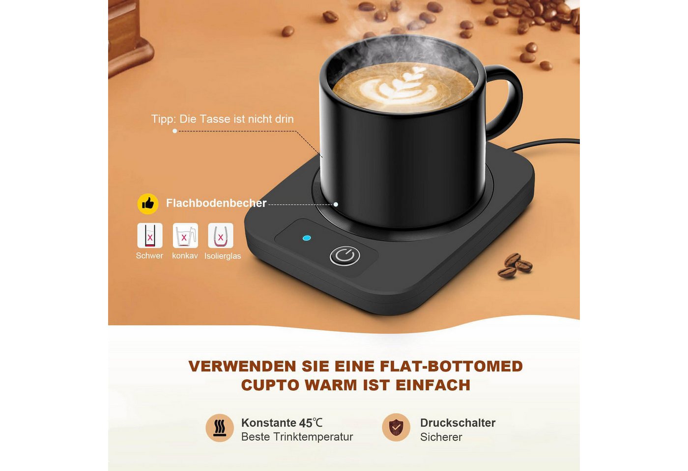 Mrilary Tassenwärmer USB Tassenwärmer 45°C – Becherwärmer für Kaffee & Tee, Tassenheizplatte für Büro, Schreibtisch und Zuhause Bild 2