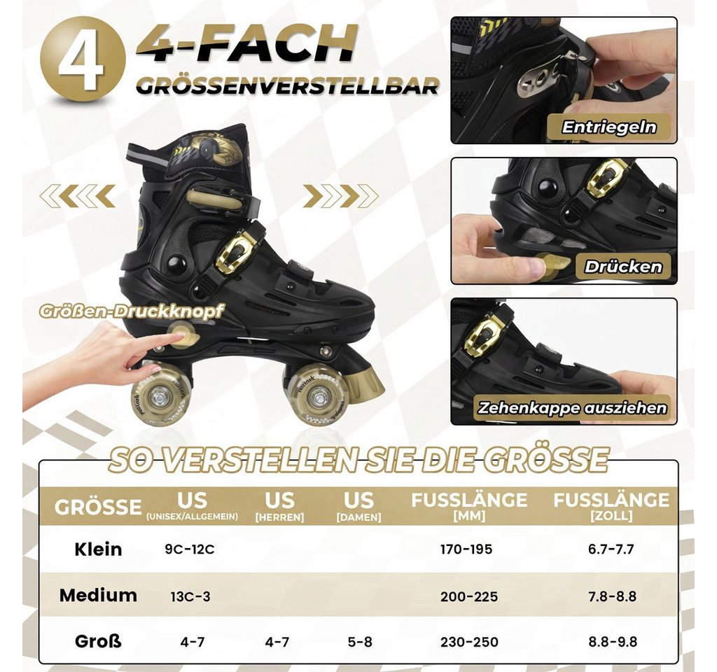 Nattork Rollschuhe Kinder Verstellbar, mit LED-Rädern, Quad Roller Skates Jungen Mädchen, Rennwagen Design, 4 Größen verstellbar, ABEC-7 Lager Bild 2