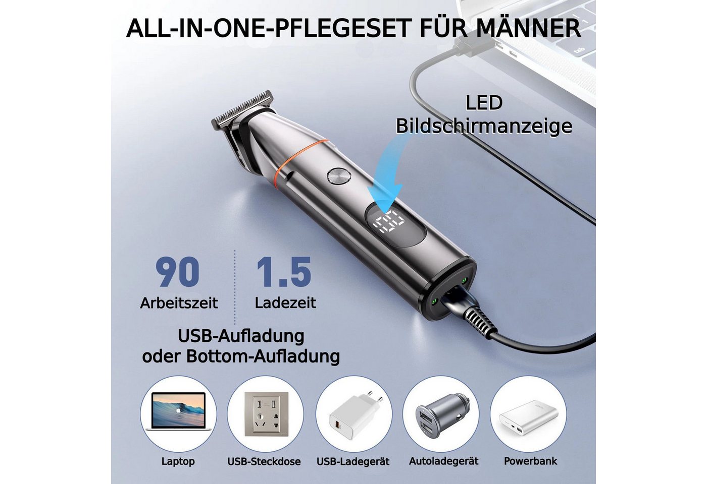 Toomoke Haarschneider 5-in-1 Haarschneider Set,Barttrimmer,Bartschneider,Elektrorasierer, 100% wasserdicht,LED-Anzeige, Lange Standbyzeit