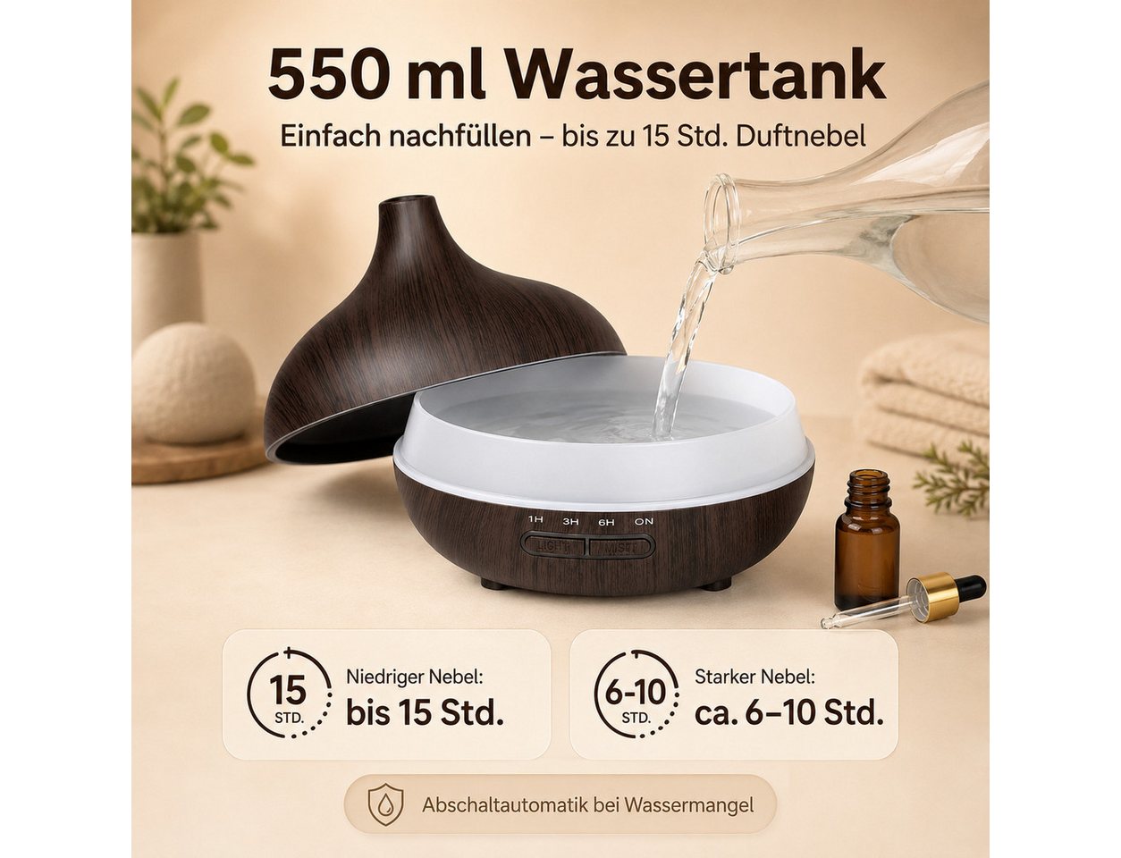 Toomoke Diffuser 550 ml Aroma-Luftbefeuchter mit Ultraschall & Fernbedienung, 0,55 l Wassertank, 7 Farben LED, Timer 1/3/6 h, Auto-Abschaltung, bis 15 Std. Bild 2