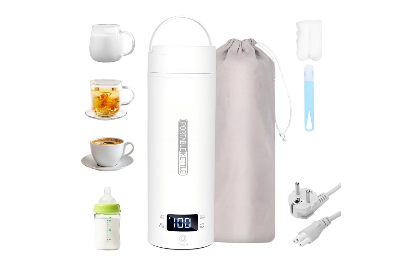 Toomoke Wasserkocher Tragbarer Wasserkocher,Reise-Wasserkocher,Thermobecher,Edelstahl, 300 W, 220V,500ml,Teekanne,Heizbecher,LCD-Temperaturanzeige,Geschenkset Bild 2