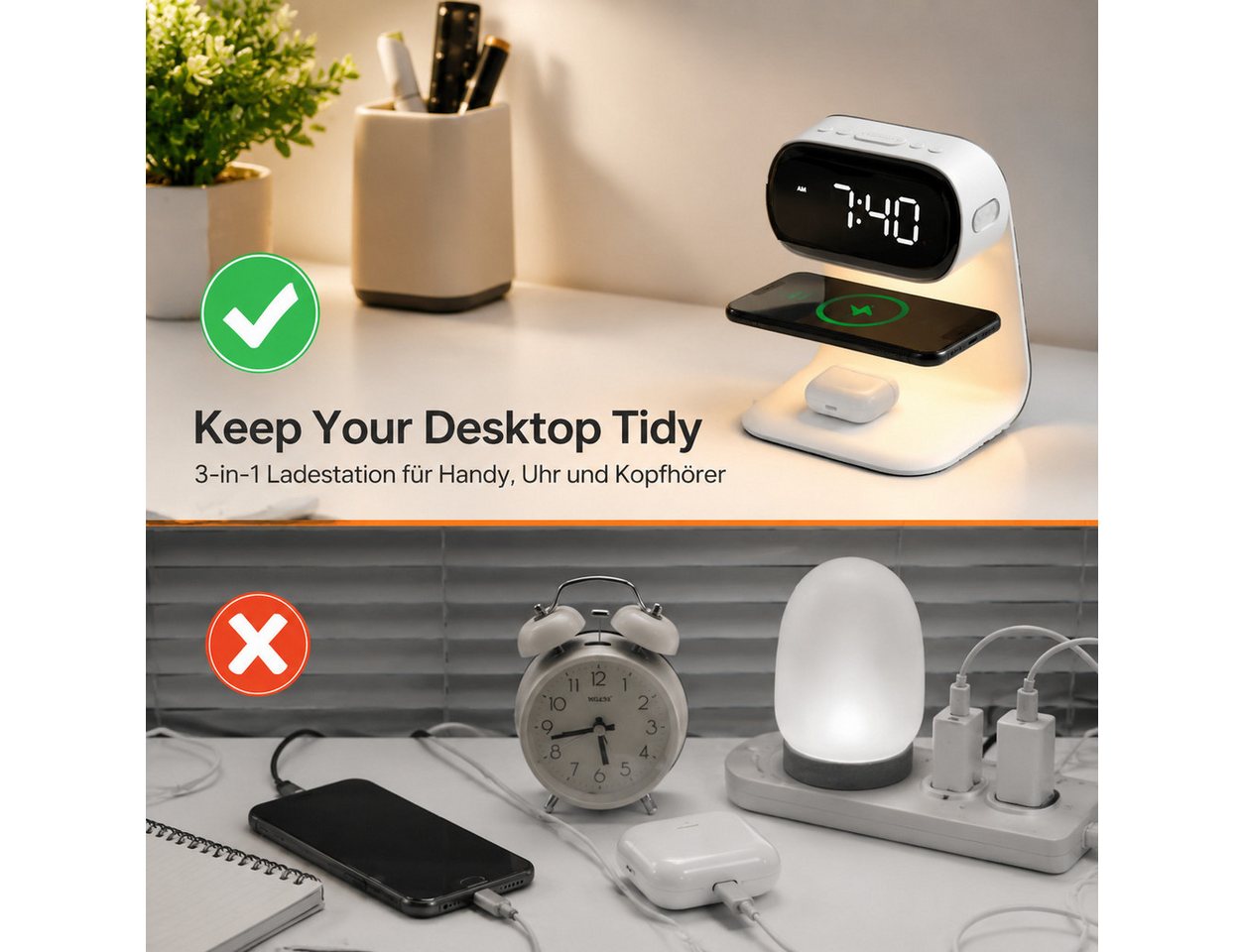 Toomoke 3 in 1 Kabellose Ladestation 15W mit Digitaluhr und Nachtlicht Induktions-Ladegerät (für iPhone, Samsung,Apple Watch, AirPods,Other Qi-Certitied iPhone, 3 Helligkeitsstufen)
