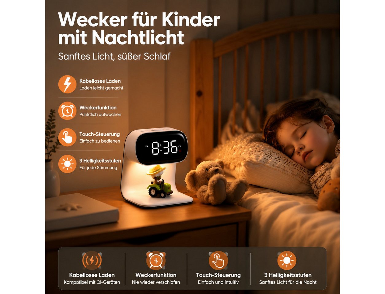 Toomoke 3 in 1 Kabellose Ladestation 15W mit Digitaluhr und Nachtlicht Induktions-Ladegerät (für iPhone, Samsung,Apple Watch, AirPods,Other Qi-Certitied iPhone, 3 Helligkeitsstufen) Bild 2