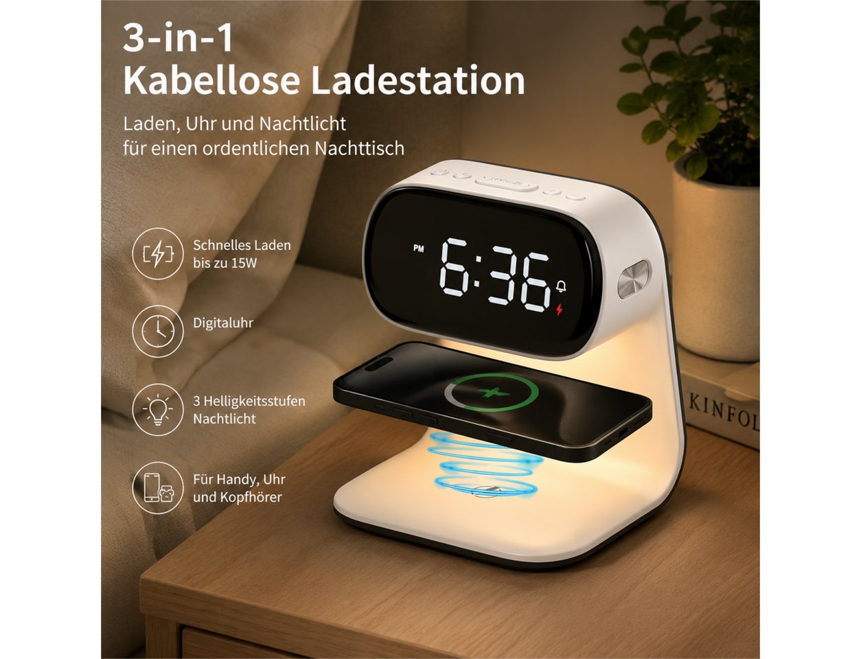Toomoke 3 in 1 Kabellose Ladestation 15W mit Digitaluhr und Nachtlicht Induktions-Ladegerät (für iPhone, Samsung,Apple Watch, AirPods,Other Qi-Certitied iPhone, 3 Helligkeitsstufen) Bild 4