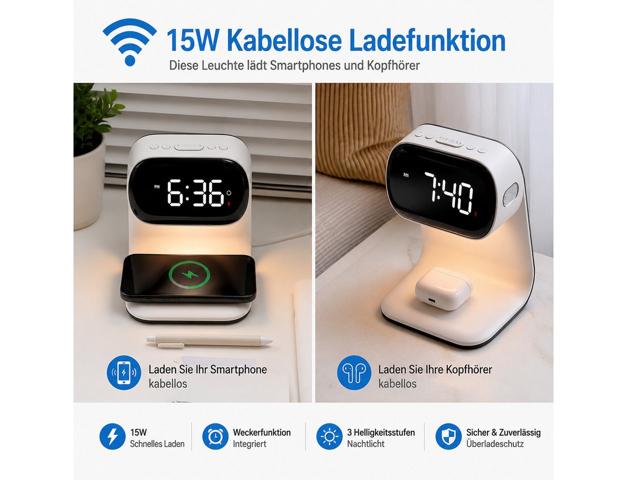 Toomoke 3 in 1 Kabellose Ladestation 15W mit Digitaluhr und Nachtlicht Induktions-Ladegerät (für iPhone, Samsung,Apple Watch, AirPods,Other Qi-Certitied iPhone, 3 Helligkeitsstufen) Bild 5