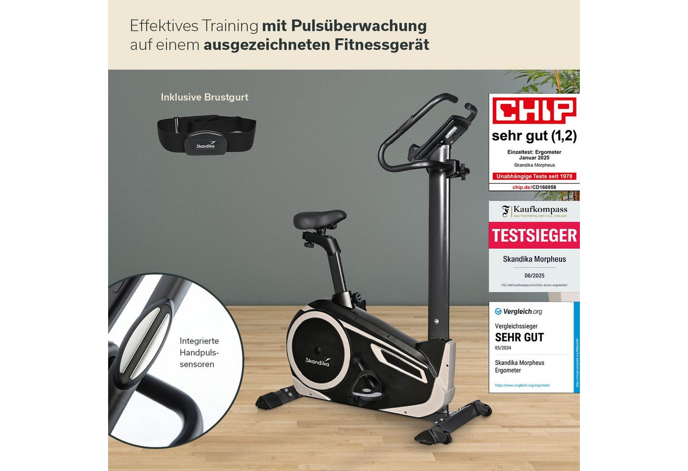 Skandika Heimtrainer Fahrrad Morpheus, Ergometer für Zuhause, Fitnessbike bis 150 kg (Bluetooth, Tablet-/Smartphone-Halterung, Transportrollen), 12kg Schwungmasse, 32 Stufen, 24 Programme, kompatibel mit Kinomap/App