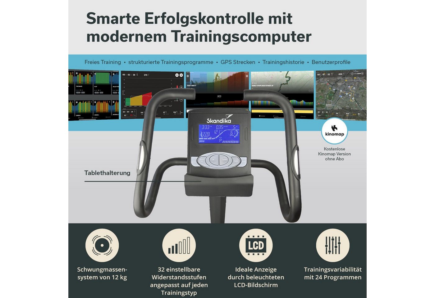 Skandika Heimtrainer Fahrrad Morpheus, Ergometer für Zuhause, Fitnessbike bis 150 kg (Bluetooth, Tablet-/Smartphone-Halterung, Transportrollen), 12kg Schwungmasse, 32 Stufen, 24 Programme, kompatibel mit Kinomap/App Bild 2