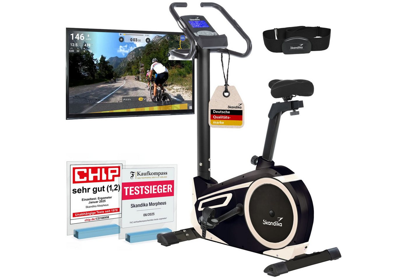 Skandika Heimtrainer Fahrrad Morpheus, Ergometer für Zuhause, Fitnessbike bis 150 kg (Bluetooth, Tablet-/Smartphone-Halterung, Transportrollen), 12kg Schwungmasse, 32 Stufen, 24 Programme, kompatibel mit Kinomap/App Bild 3