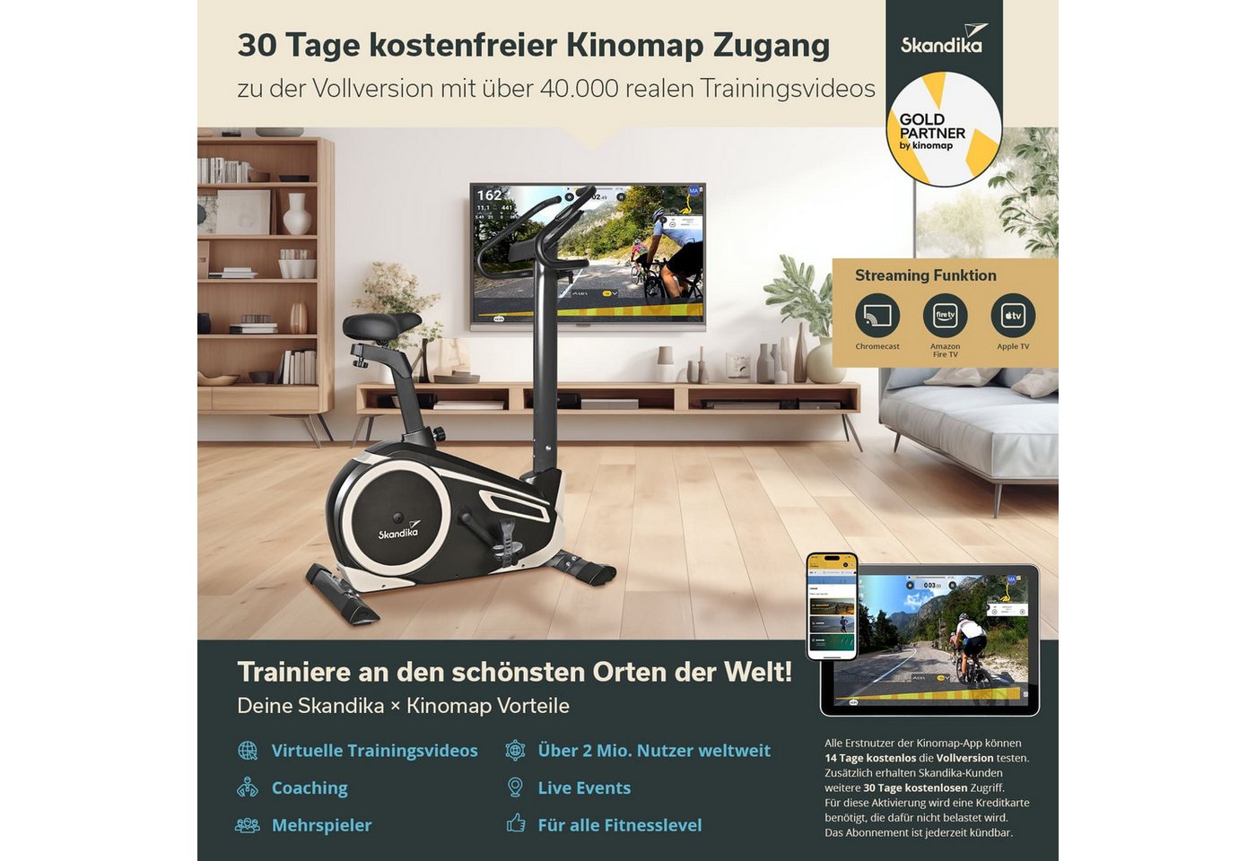 Skandika Heimtrainer Fahrrad Morpheus, Ergometer für Zuhause, Fitnessbike bis 150 kg (Bluetooth, Tablet-/Smartphone-Halterung, Transportrollen), 12kg Schwungmasse, 32 Stufen, 24 Programme, kompatibel mit Kinomap/App Bild 4