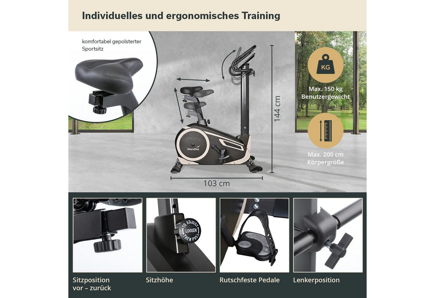 Skandika Heimtrainer Fahrrad Morpheus, Ergometer für Zuhause, Fitnessbike bis 150 kg (Bluetooth, Tablet-/Smartphone-Halterung, Transportrollen), 12kg Schwungmasse, 32 Stufen, 24 Programme, kompatibel mit Kinomap/App Bild 5