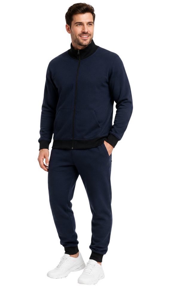 L.gonline Jogginganzug Herren Trainingsanzug Freizeitanzug ohne Kapuze 500A Navy XL (2-tlg., Zipperjacke und Hose), Fitness Freizeit Casual Bild 2