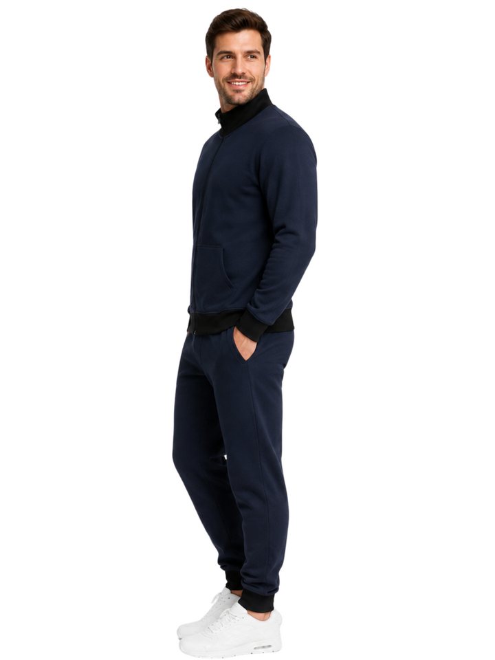 L.gonline Jogginganzug Herren Trainingsanzug Freizeitanzug ohne Kapuze 500A Navy XL (2-tlg., Zipperjacke und Hose), Fitness Freizeit Casual Bild 4