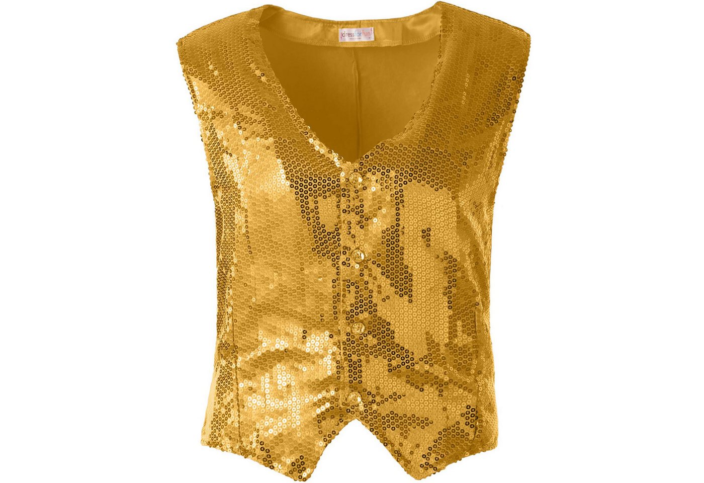 dressforfun Anzugweste Gilet, Hoher Tragekomfort, perfekter Sitz, Herren-Weste einfarbig (Festweste, Konfektionsgröße XL in gold) Vorn mit glitzernden Pailletten, Feiner Glanzstoff auf der Rückseite
