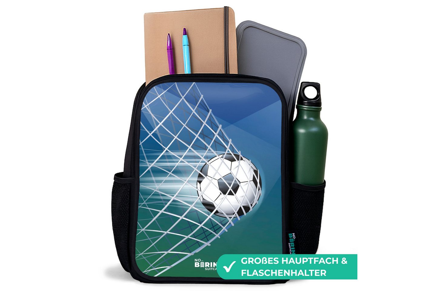 NoBoringSuitcases.com© Rucksack Schwarz - Ball im Tor, Kinderrucksack Schwarz, Schulrucksack, Freizeitrucksack Jungen Mädchen