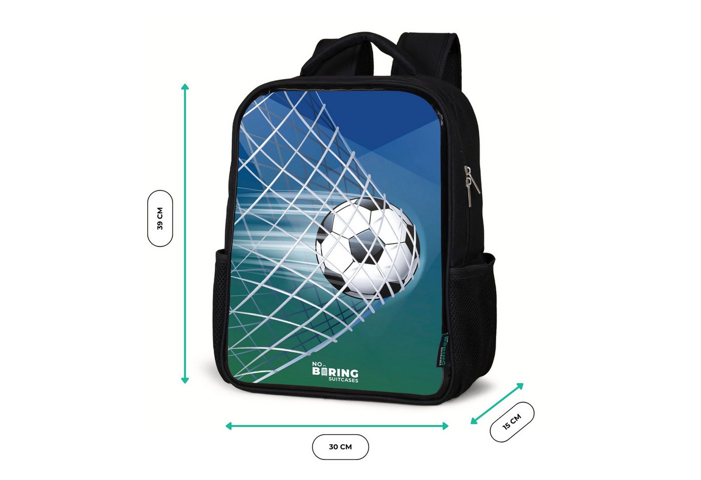 NoBoringSuitcases.com© Rucksack Schwarz - Ball im Tor, Kinderrucksack Schwarz, Schulrucksack, Freizeitrucksack Jungen Mädchen Bild 3