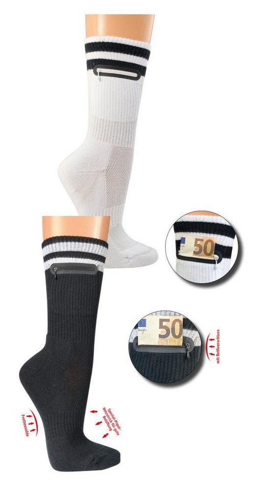 TippTexx 24 Funktionssocken 2 Paar COOLMAX Tresor-Socken Sportsocken mit Tasche für Damen & Herren (2 Paar) Polstersohle, Spezial-Piqué-Netzstrick, Tasche mit Reißverschluss