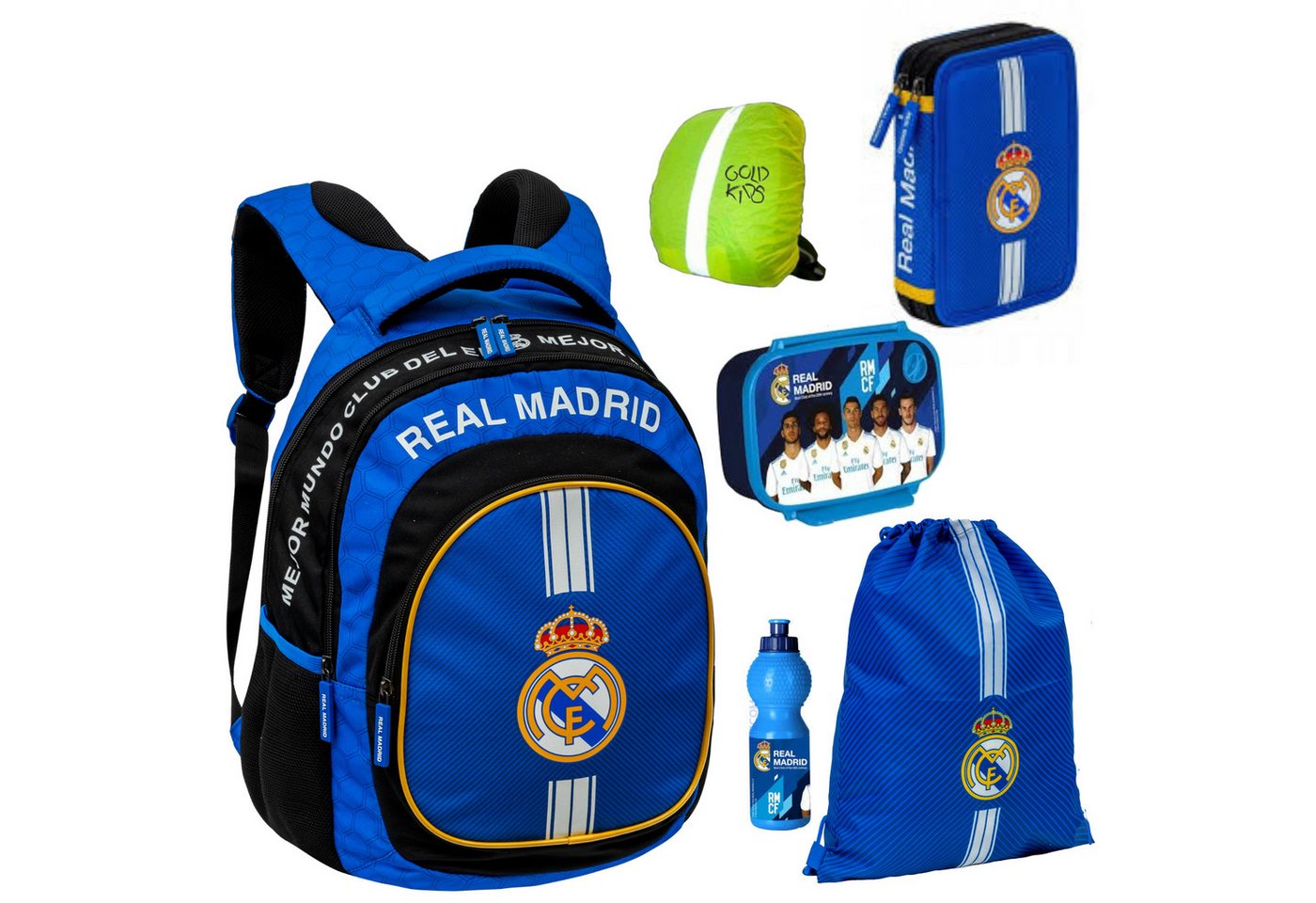 GOLDKIDS Schulranzen für Mädchen, 6er-Set - (Schul-Rucksack für Kinder mit Federmäppchen, 1-tlg., - Schuhbeutel und Regenschutz), - Real Madrid Motiv