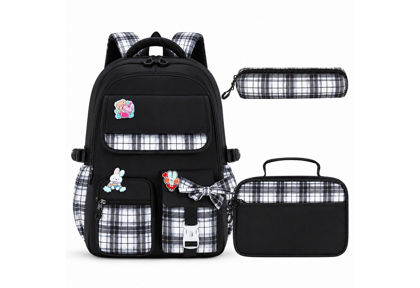 MOPUEA Schulrucksack Schulrucksack Set 3-tlg Wasserabweisend Ergonomisch mit Viele Fächer (Schulrucksack Set mit Lunchtasche und Federmäppchen, Rucksack Lunchtasche und Federmäppchen im passenden Design), Wasserabweisend ergonomisch reflektierend großes Hauptfach