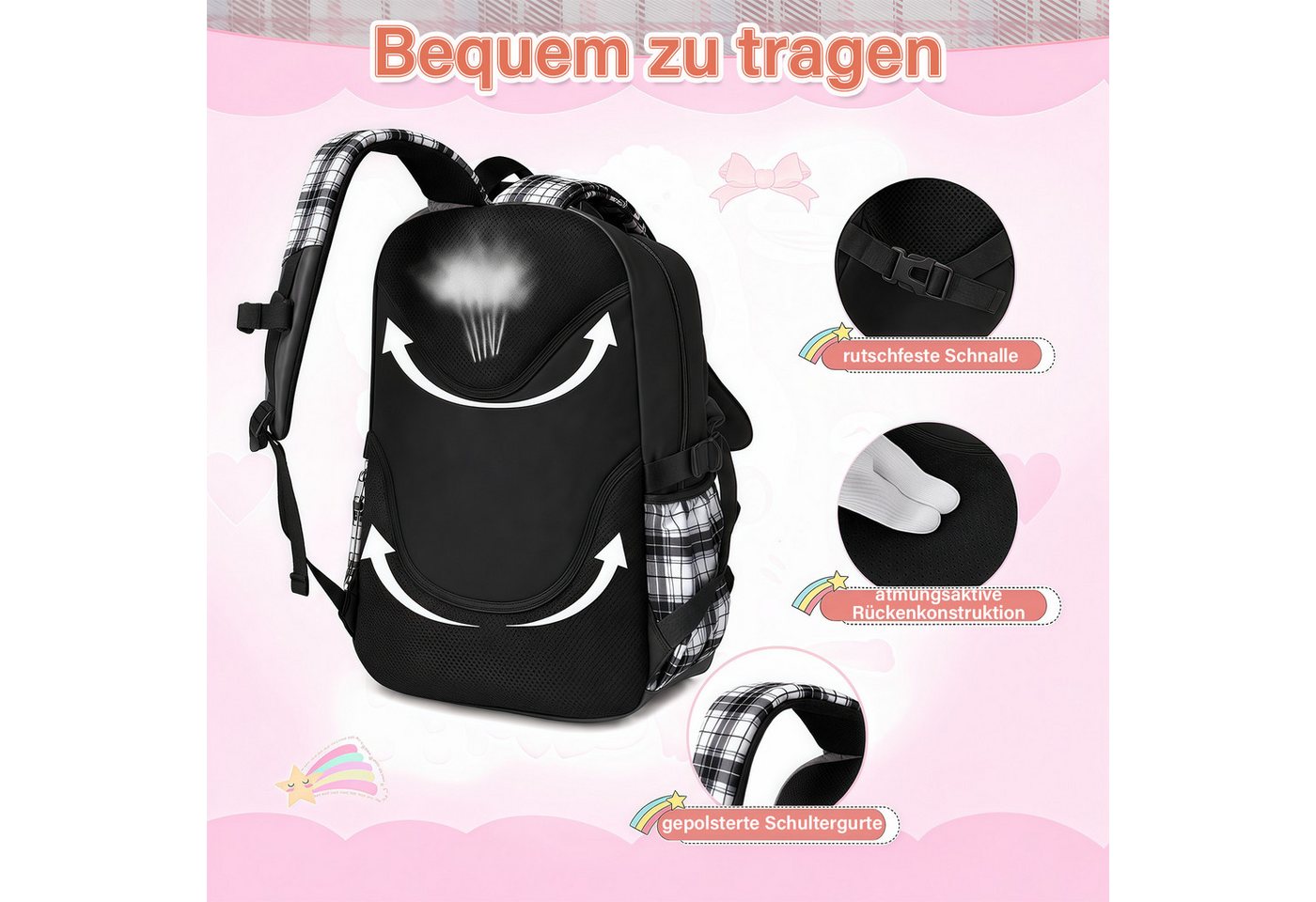 MOPUEA Schulrucksack Schulrucksack Set 3-tlg Wasserabweisend Ergonomisch mit Viele Fächer (Schulrucksack Set mit Lunchtasche und Federmäppchen, Rucksack Lunchtasche und Federmäppchen im passenden Design), Wasserabweisend ergonomisch reflektierend großes Hauptfach Bild 3