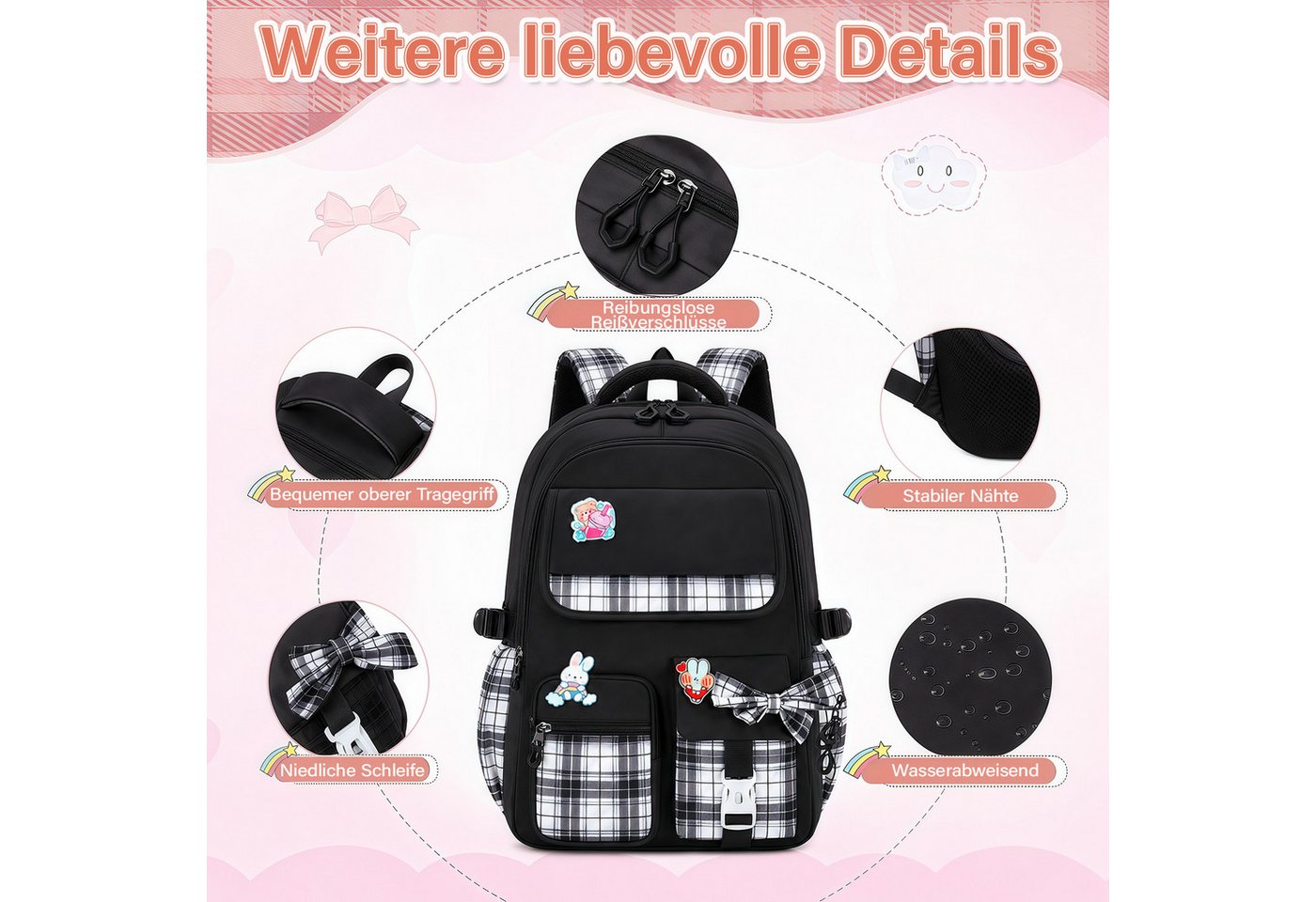 MOPUEA Schulrucksack Schulrucksack Set 3-tlg Wasserabweisend Ergonomisch mit Viele Fächer (Schulrucksack Set mit Lunchtasche und Federmäppchen, Rucksack Lunchtasche und Federmäppchen im passenden Design), Wasserabweisend ergonomisch reflektierend großes Hauptfach Bild 5