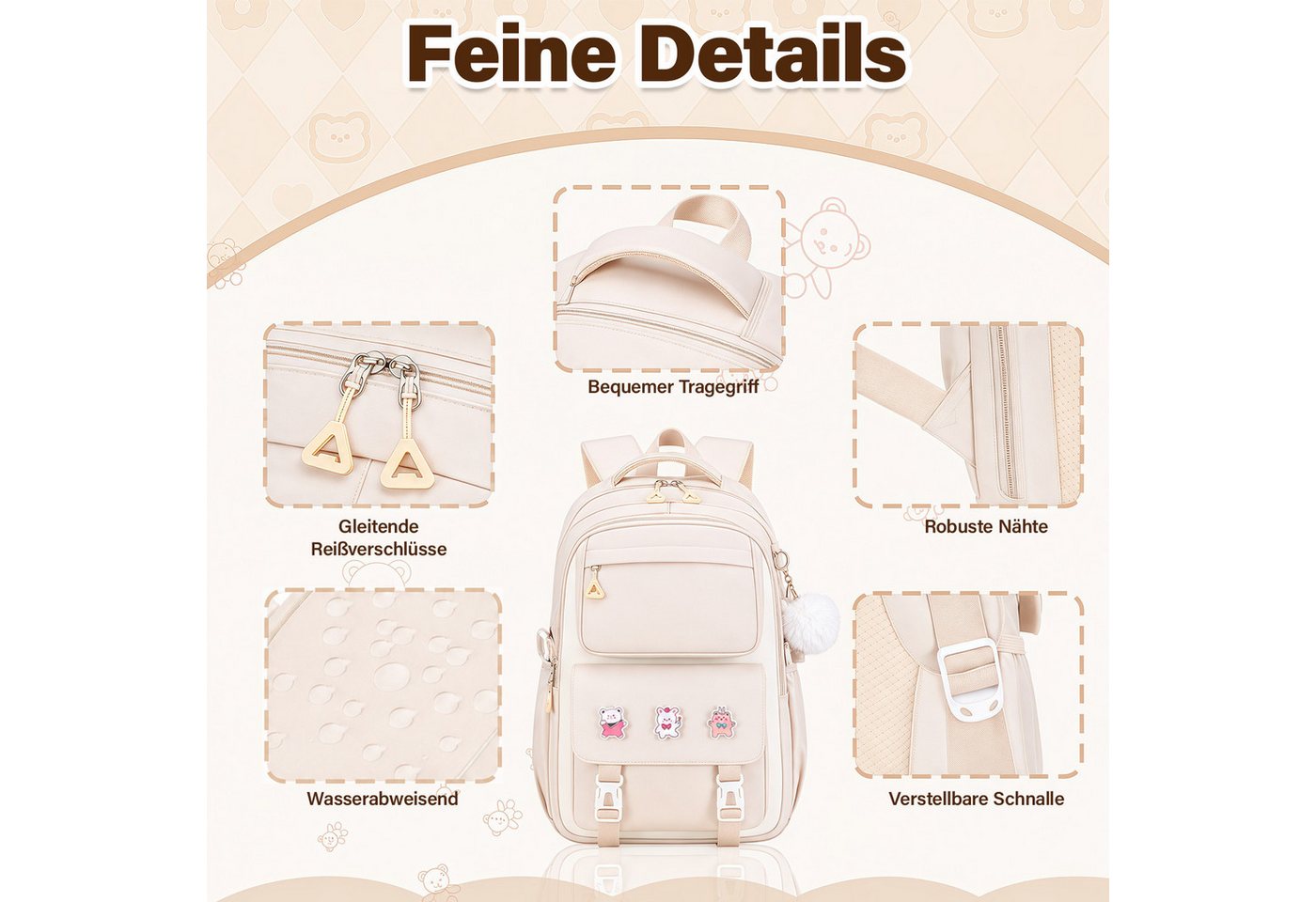 MOPUEA Schulrucksack Schulrucksack Set Leicht Ergonomisch Viele Fächer+Anhängern& Pins (Schulrucksack-Set mit Zubehör, Rucksack mit Tasche, Federmäppchen, Anhängern und Pins), Leicht, ergonomisch, atmungsaktiv, viele Fächer, reflektierend