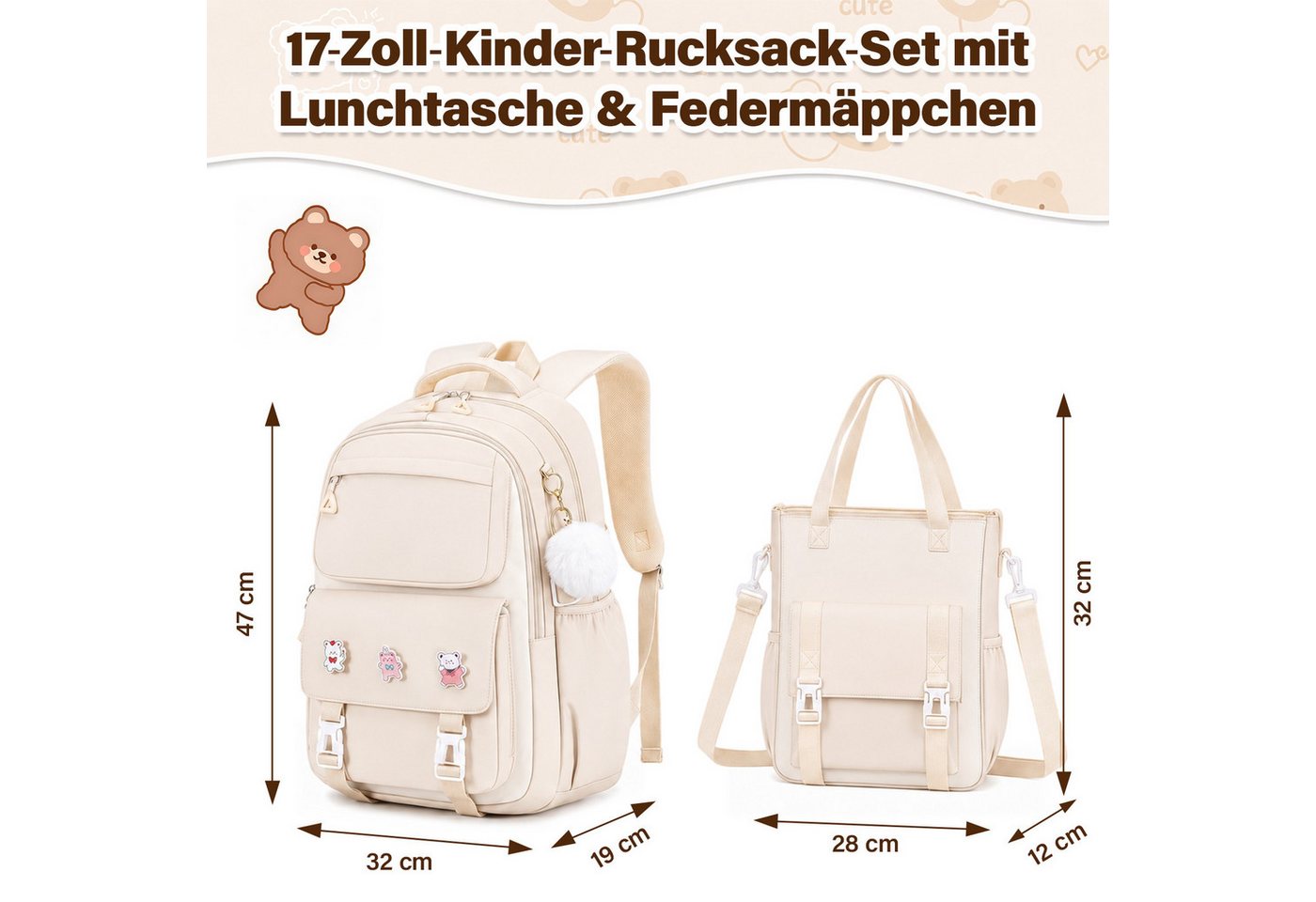 MOPUEA Schulrucksack Schulrucksack Set Leicht Ergonomisch Viele Fächer+Anhängern& Pins (Schulrucksack-Set mit Zubehör, Rucksack mit Tasche, Federmäppchen, Anhängern und Pins), Leicht, ergonomisch, atmungsaktiv, viele Fächer, reflektierend Bild 2