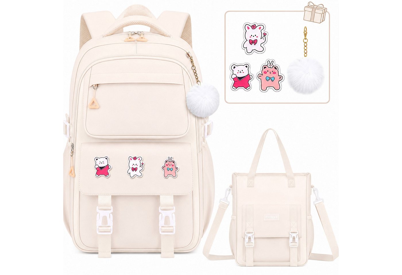 MOPUEA Schulrucksack Schulrucksack Set Leicht Ergonomisch Viele Fächer+Anhängern& Pins (Schulrucksack-Set mit Zubehör, Rucksack mit Tasche, Federmäppchen, Anhängern und Pins), Leicht, ergonomisch, atmungsaktiv, viele Fächer, reflektierend Bild 3