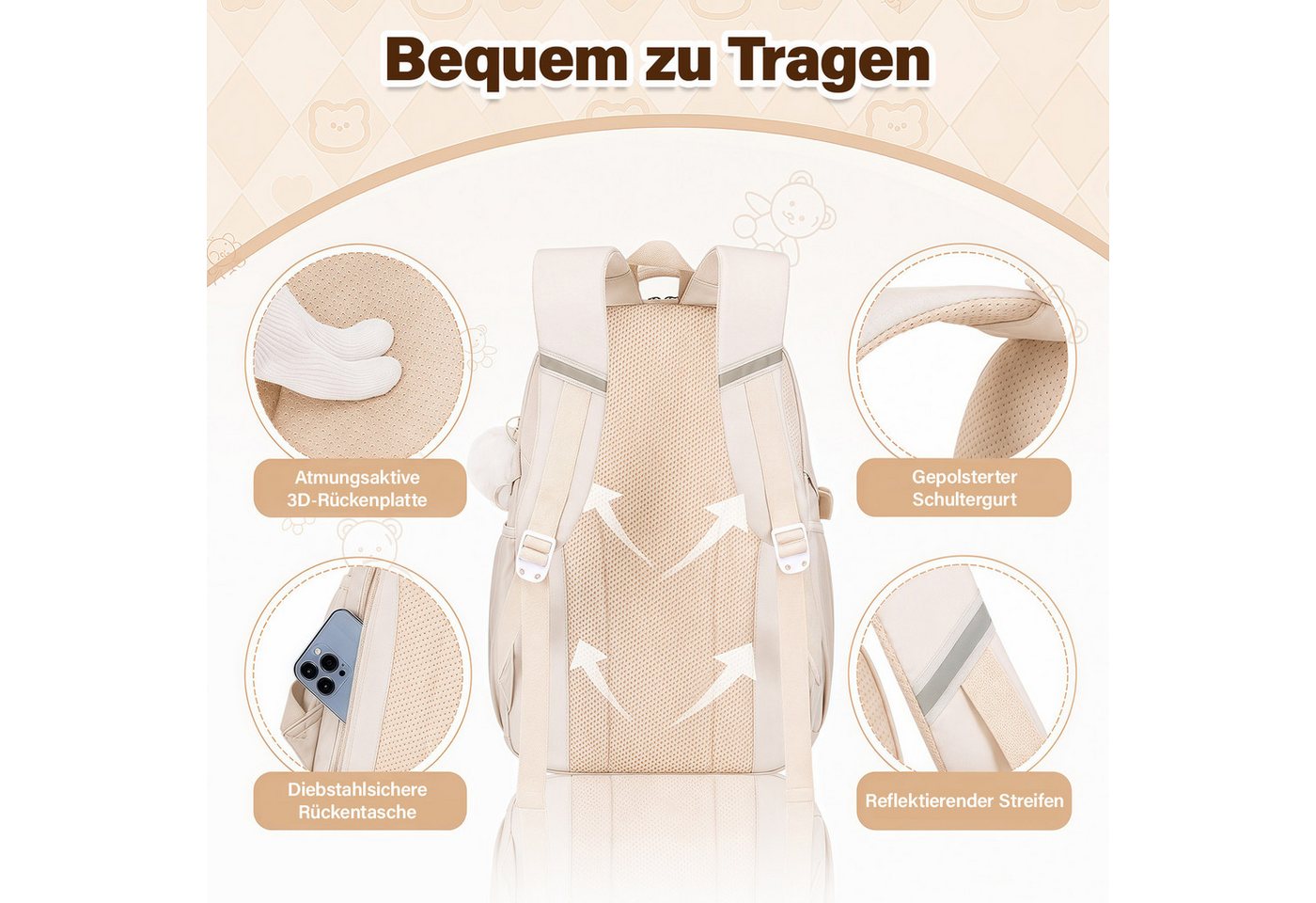 MOPUEA Schulrucksack Schulrucksack Set Leicht Ergonomisch Viele Fächer+Anhängern& Pins (Schulrucksack-Set mit Zubehör, Rucksack mit Tasche, Federmäppchen, Anhängern und Pins), Leicht, ergonomisch, atmungsaktiv, viele Fächer, reflektierend Bild 5