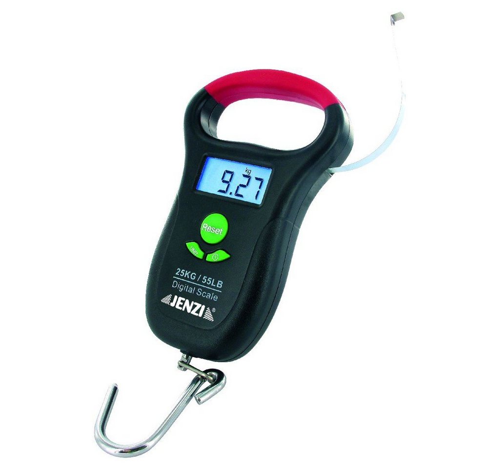 Jenzi Fischwaage Jenzi Fischwaage Digital bis 25kg mit Maßband, Tragkraft 25 kg, (1-tlg), integriertes Maßband, Tragkraft max 25 kg / 55 lb, Anzeige für: kg, lb und oz, Temperaturanzeige in °C und °F, 2x1,5V-AAA Batterien liegen bei