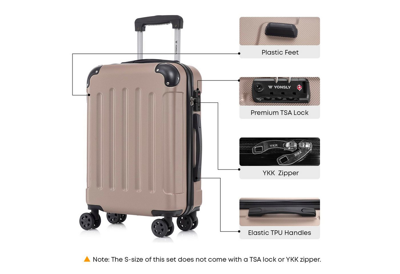 YONSLY Koffer Premium Reisekoffer Hartschalen-Koffer Trolley Kabinenkoffer S-M-L-XL, 4 Rollen, 360°-Doppelrollen, TSA-/Zahlenschloss, YKK-/Standardreißverschluss